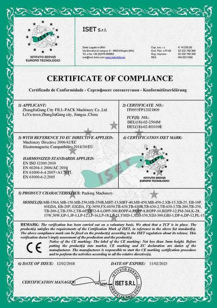 CHINA Zhangjiagang City FILL-PACK Machinery Co., Ltd Certificações