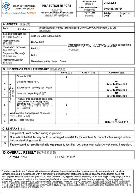 China Zhangjiagang City FILL-PACK Machinery Co., Ltd Certificações